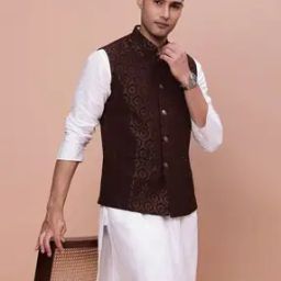 Men Floral Woven Slim Fit Nehru Jacket-33