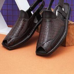 Croc-Embossed Strappy Sandals with Velcro Fastening-image-93