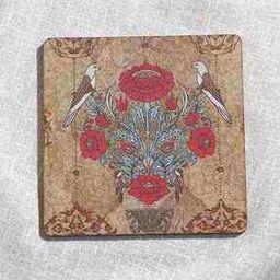 Set of 6 Floral Print Wooden Damask Motif Coasters-83