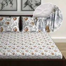 144 TC Floral Print Double Size Fitted Bedsheet with 2 Pillow Covers-image-83
