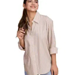 Women Cotton Oversized Fit Stripes Shirt-image-94