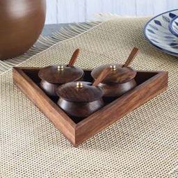 Set of 3 Serving Small Wooden Katori with Spoons & Tray-70
