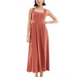 Women Square-Neck Midi Sundress with Button Detail-image-92