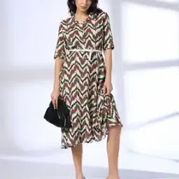 Women Printed Shirt Dress with Belt-image-56