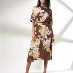 Women Floral Print A-Line Dress with Belt-image-8
