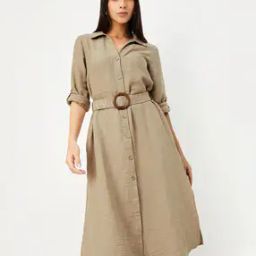 Women Belted Shirt Midi  Dress-image-74
