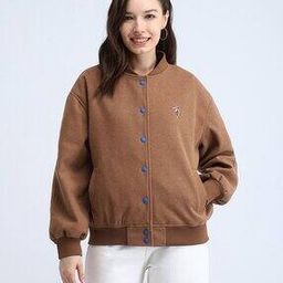 Women Regular Fit Bomber Jacket with Logo Embroidered-image-9