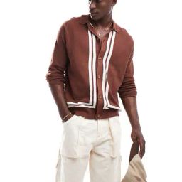 asos design Knitted Relaxed Button Through Polo in Texture with Border image 1