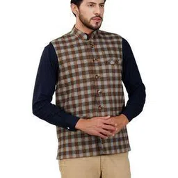 Men Checked Regular Fit Nehru Jacket-image-84