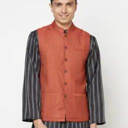 Striped Nehru Jacket with Welt Pockets-18