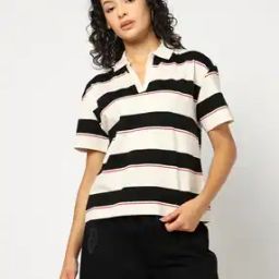 Women Striped Oversized Fit Polo T-Shirt-image-14