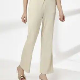 Women Striped Boot Fit Flat-Front Trousers-image-56
