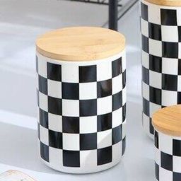 Checked Ceramic Jar with Wooden Lid-45