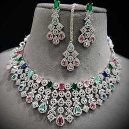 Women Silver-Plated American Diamond-Studded Necklace with Earrings & Mang Tikka Set-47