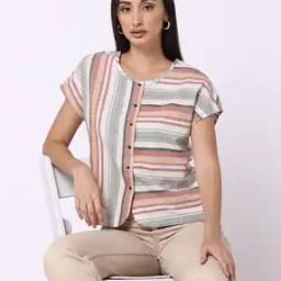 Cotton Yarn-Dyed Front Button-Down Curved Hem Top-1