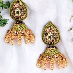Women Stone-Studded Jhumkas with Pearl Drops-43
