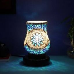 Floral Print Mosaic Glass Table Lamp with Wood Base-image-63