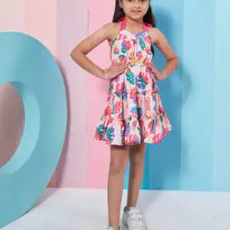 Girls Leaf Print Halter-Neck Tiered Dress-image-18