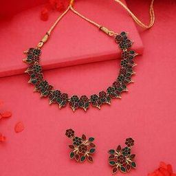 Women Gold-Plated Stone-Studded Necklace & Earrings Set-image-76