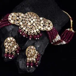 Gold-Plated Pearl Choker Necklace & Earrings Set-10