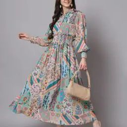 Floral Print Fit & Flare Dress with Puff Sleeves-image-35