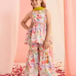 Girls Floral Print A-Line Kurta with Sharara & Dupatta-image-17