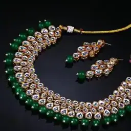 12703S Gold-Toned Stone-Studded Beaded Kundan Necklace & Earrings Set-image-29