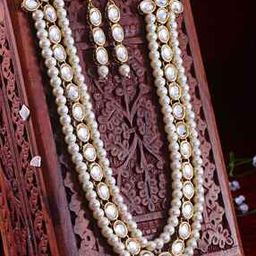 12695S Gold-Toned Stone-Studded Pearl Kundan Necklace & Earrings Set-image-97