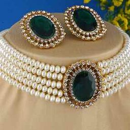 12550S Gold-Toned Stone-Studded Pearl Necklace & Earrings Set-37