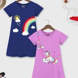 Girls Pack of 2 Unicorn Print A-Line Dresses-image-61