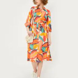 max Women Leaf Print Shirt Dress with Tie-Up Front-picture-12