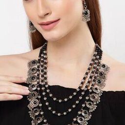 13121S Oxidised Silver Stone-Studded Necklace with Earrings Set-image-25
