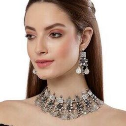 13124S Floral-Design Oxidised Silver Necklace with Earrings Set-image-0