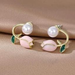 Women Gold-Plated Floral Pearl Stud Earrings-28
