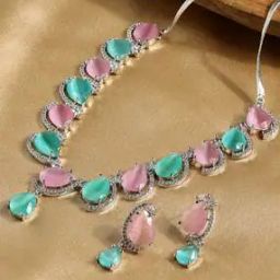 Women Silver-Plated Stone-Studded Necklace & Earrings Jewellery Set-image-2