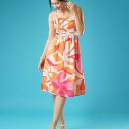Women Floral Printed Square Neck Strappy Shoulder Bow Design Panelled A-Line Midi Party Dress-10