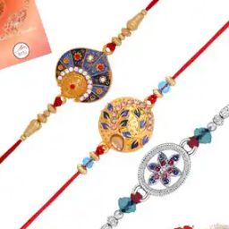 Men Set of 3 Gold-Plated Cubic Zirconia-Studded Tie-Up Rakhis-image-17