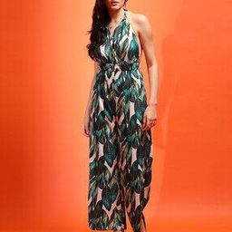 Women Leaf Print Jumpsuit with Neck Tie-Up-image-83