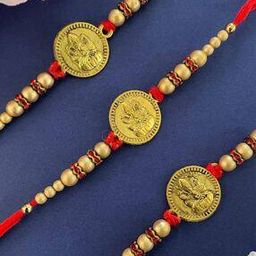 Men Set of 3 Gold-Plated Lord-Ganesha Beaded Tie-Up Rakhis-image-117