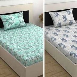 Set of 2 144 TC Floral Print Single Bedsheets with 2 Pillow Covers-image-129