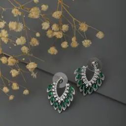 Green with CZ Rhodium Plated Stud Earrings - FJE3311-38