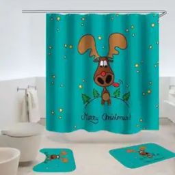 Set of 2 Typographic Print Bathroom Mats & Shower Curtain-8
