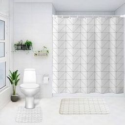Set of 2 Geometric Print Bathroom Mats & Shower Curtain-image-28