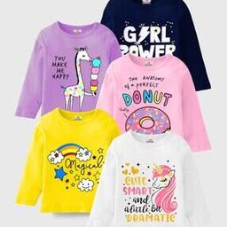 Girls Pack of 5 Printed Relaxed Fit Round-Neck T-Shirts-image-94