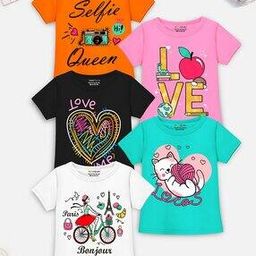 Pack of 5 Girls Printed Regular Fit T-Shirt-image-27