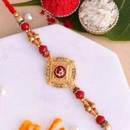 OM Enameled Beaded Tie-Up Rakhi with Roli Rice-image-59