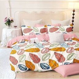 Leaf Print Queen-Size Bedsheet with Pillow Covers-image-27