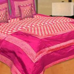 Rajasthani Zari Embroidered Silk Double Bedsheet with Pillow Covers-image-37