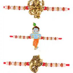 Set of 3 Gold-Plated Tie-Up Vighnaharta Ganesh Krishna Rakhis-16