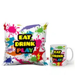 Holi Special Eat Drink Play Quote Celebration Concept with Color Splash Multi Mug and Cushion Cover with Filler-24